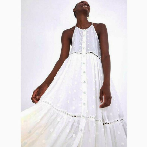 FARM Rio Dresses & Skirts - Farm Rio Harmonia Button Front Fringe Cami Dress Cottagecore Feminine WhiteParty